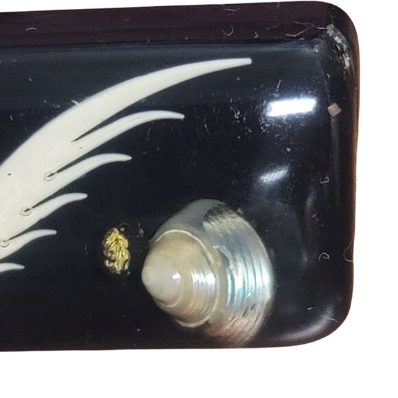 Vintage Black Lacquer Gold Tie Clip Shell Mother of Pearl Feather Inlay Design - Picture 4 of 10